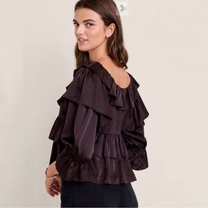 Francesca’s Ella Ruffle Tiered Satin Blouse - Dark Brown